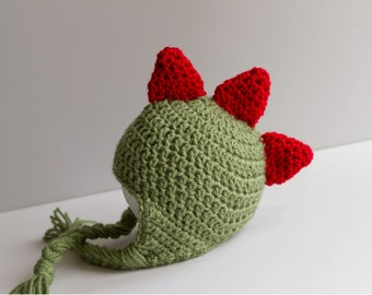 Crochet Green Dinosaur Hat with Red Spikes, Sizes Newborn to Toddler/Kid