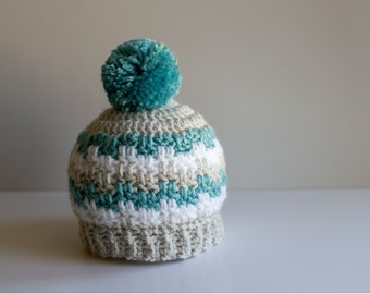 Crochet Baby Boy Hat, Newborn Nephew Gift, Infant Winter Hat, Infant Toboggan, Photography Prop, Striped Pompom Hat