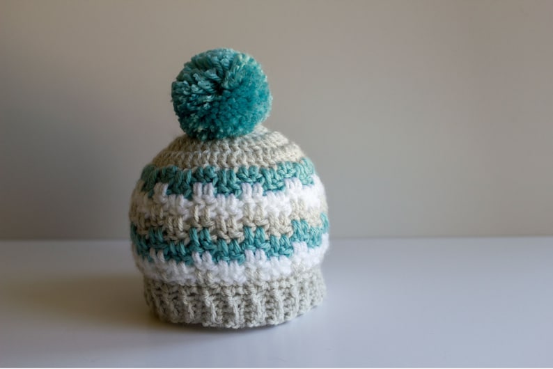 Crochet Baby Boy Hat, Newborn Nephew Gift, Infant Winter Hat, Infant Toboggan, Photography Prop, Striped Pompom Hat image 1