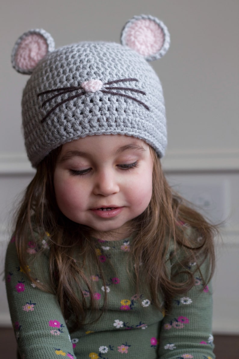 READY TO SHIP Crochet Gray Mouse Hat, Sizes 0-3 month to Toddler image 7