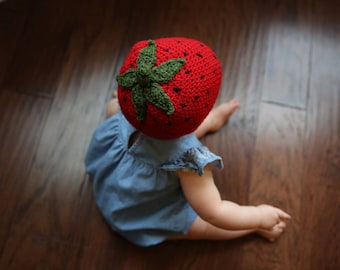 READY TO SHIP Crochet Red Strawberry Hat, Sizes Newborn to Toddler