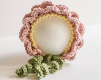 READY TO SHIP Crochet Rosy Pink Flower Bonnet: Newborn to Toddler