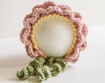 READY TO SHIP Crochet Flower Bonnet, Sizes Newborn to 6-12 month