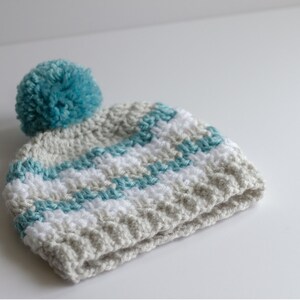 Crochet Baby Boy Hat, Newborn Nephew Gift, Infant Winter Hat, Infant Toboggan, Photography Prop, Striped Pompom Hat image 3