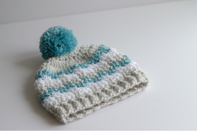 Crochet Baby Boy Hat, Newborn Nephew Gift, Infant Winter Hat, Infant Toboggan, Photography Prop, Striped Pompom Hat image 3