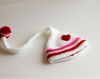 Long Tail White Valentine's Day Heart Hat, Sizes Newborn to 6-12 month