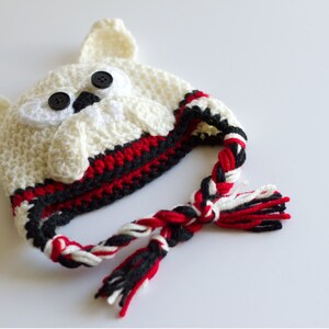May include: A cream-colored crocheted owl hat with black button eyes and ear details. The hat features red, black, and white trim and a braided tassel. A whimsical and cozy accessory.