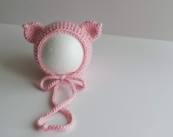 READY TO SHIP Crochet Pig Bonnet, Sizes Newborn to 6-12 month