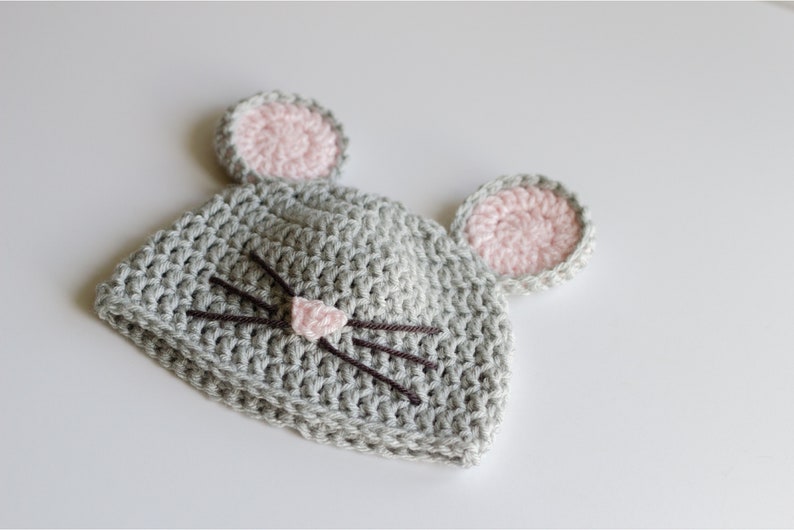 READY TO SHIP Crochet Gray Mouse Hat, Sizes 0-3 month to Toddler image 4