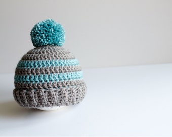 READY TO SHIP Crochet Blue and Gray Winter Toboggan, Sizes 0-3 Month to Toddler