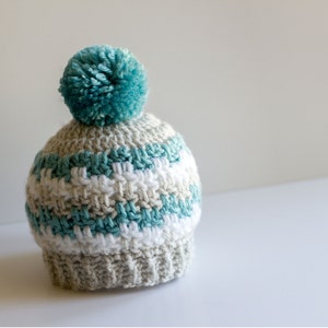 Crochet Baby Boy Hat, Newborn Nephew Gift, Infant Winter Hat, Infant Toboggan, Photography Prop, Striped Pompom Hat image 4