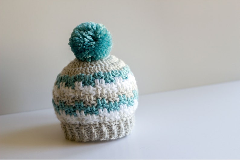Crochet Baby Boy Hat, Newborn Nephew Gift, Infant Winter Hat, Infant Toboggan, Photography Prop, Striped Pompom Hat image 4