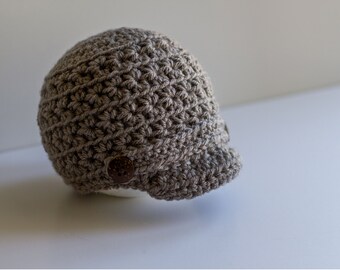 Crochet Gray Newsboy Hat, Sizes Newborn to Toddler