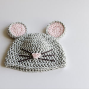 READY TO SHIP Crochet Gray Mouse Hat, Sizes 0-3 month to Toddler image 5