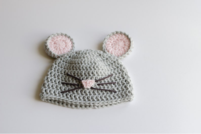 READY TO SHIP Crochet Gray Mouse Hat, Sizes 0-3 month to Toddler image 5