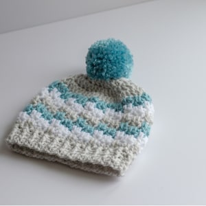 Crochet Baby Boy Hat, Newborn Nephew Gift, Infant Winter Hat, Infant Toboggan, Photography Prop, Striped Pompom Hat image 2