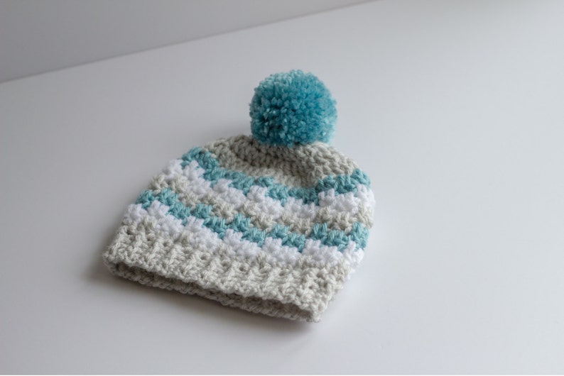 Crochet Baby Boy Hat, Newborn Nephew Gift, Infant Winter Hat, Infant Toboggan, Photography Prop, Striped Pompom Hat image 2