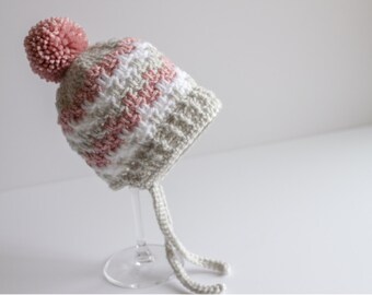 Crochet Baby Girl Hat, Newborn Niece Gift, Infant Winter Hat, Infant Toboggan, Bonnet Style Hat, Photography Prop