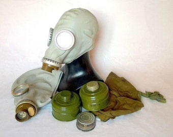 Lot of 2 Soviet Gray Rubber Gas Masks GP-5 with Olive Green Bags
