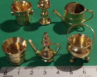 Set of 6 small brass kitchen and garden items. Metal objects to decorate your dollhouse kitchen and garden.