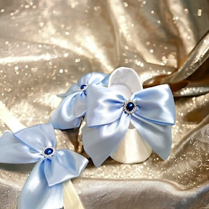 Ivory Satin Mary Jane Baby Girl Shoes with Light Blue Satin Bow, White Baptism Shoes, Communion Shoes, Flower Girls Shoes, Holiday flats