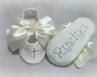 Personalized White or Ivory baptism bow shoes, Customized cross satin christening shoes, infant baby shoes, blessing outfit, baby gift