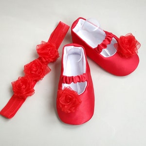 Rote Baby Blumenmädchen Schuhe und Stirnband, Neues Baby Geschenk, Baby-Ballerina-Schuhe, Krippe Schuhe, Kleinkind-Weihnachts-Outfit, Hochzeit Mary Jane Schuhe