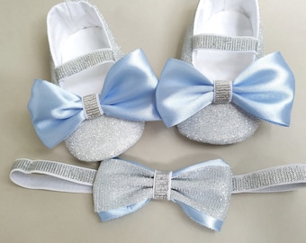 Cute glitter Flower Girl shoe, Cinderella or Elza birthday outfit, Costume baby dress flats, Wedding girl shoes & headband, Baby shower gift