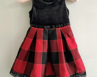 Vintage Red and Black Plaid Velvet Holiday Girl dress - Toddler Girl Christmas girl dress size 3T and 4T for photoshoot - Fancy girl dress