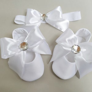 Satin white baby girls dressy shoes & bow headband, Christening baptism outfit, Elegant communion slippers shoes, Wedding toddler shoes set