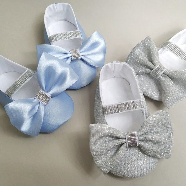 Princess Dress up Party Shoes, Baby Girls silver or light blue bow shoes,  Kids flats for Girls Toddler, Girl wedding Birthday 1-10 Years