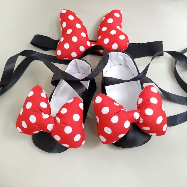 Parfaite tenue d'anniversaire de Minnie mouse, chaussures habillées et bandeau de costume de Minnie mouse pour tout-petit, chaussures plates pour tenue de 1er anniversaire, cadeau de baby shower