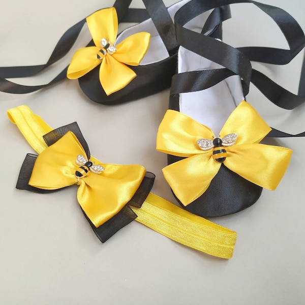 Perfect Bee birthday outfit, Costume baby dress shoes - Birthday girl shoes & headband, Baby shower gift, pageant satin flats