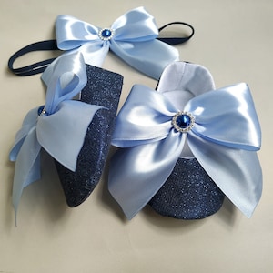 Navy Blue Rock Glitter Mary Jane with Satin Light Blue Bow for Flower Girls Wedding Shoes, Princess Merida birthday, Costume dress flats