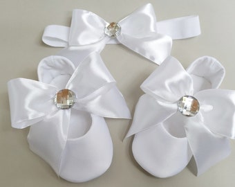 Satin white baby girls dressy shoes & bow headband, Christening baptism outfit, Elegant communion slippers shoes, Wedding toddler shoes set