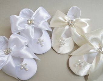 Baptism outfit cute gift for girl, Bow and cross on white or ivory christening shoes, Infant Newborn satin booties, Postpartum baby gift