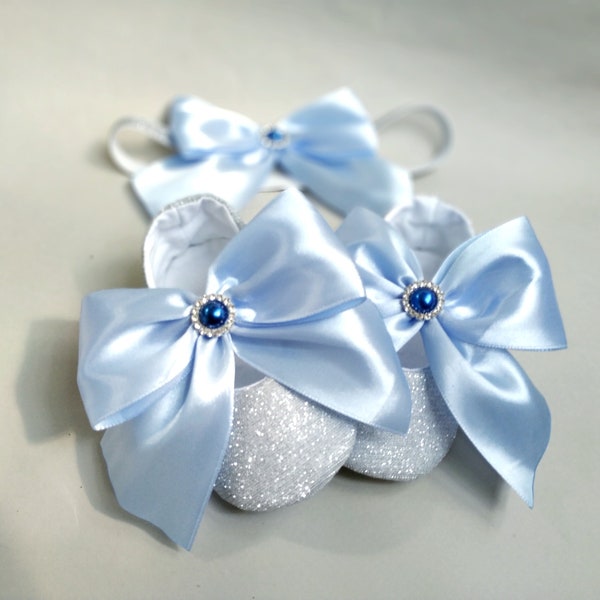 Chaussures de bébé fille bleu argent faites à la main avec bandeau assorti, cadeau unique pour nouveau-né, cadeau de Noël pour bébé, robe de costume de princesse Tolder