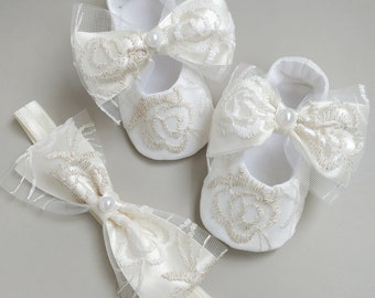 Ivory Satin Baby Shoes & Headband Set: Christening Ballerina Flats