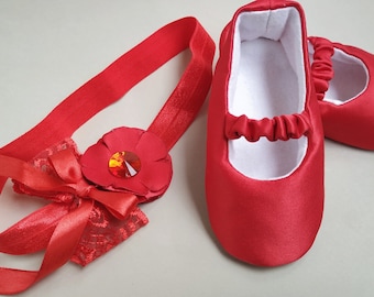 Red Satin Baby Shoes & Flower Headband Set: Newborn Mary Janes