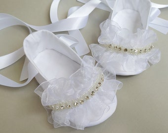 White baby girl ballet Flower shoes -Keepsake shoes / Christening shoes, Gift from the godmother, Baptism booties for girls