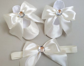Ivory Satin Baby Shoes & Headband Set: Christening, Wedding