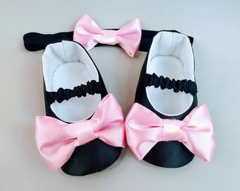 Black pink minnie mouse baby shoes, Baby girl gift set box for 1st birthday, Costume toddler mary jane shoes & bow headband, New baby gift