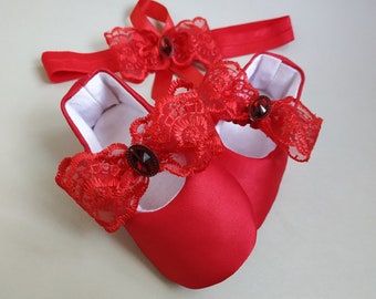 Red Lace Baby Shoes & Headband Set: Satin Ballerina Slippers