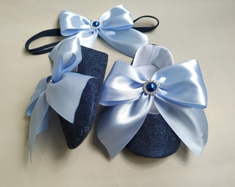 Navy Blue Rock Glitter Mary Jane with Satin Light Blue Bow for Flower Girls Wedding Shoes, Princess Merida birthday, Costume dress flats