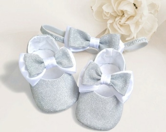 Silver Baby Dress shoes, Princess Baby Gift, Baby's First Booty, Baby Shower Gift, Wedding Girl Shoes & Headband, Remember Childhood Shoe