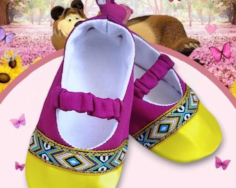 Masha and the Bear style girl shoes for first birthday - soft booties for babies, ethnic costume, shoes for celebration and photo shoots