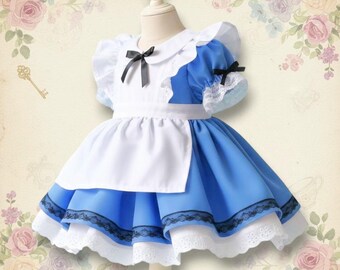 Vintage Alice in Wonderland Cotton Dress, Storybook Costume (9 Months-8 Years)