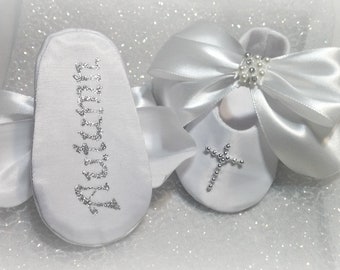 Personalized Soft white baptism bow shoes, Customized cross satin christening shoes, infant baby shoes, blessing outfit white baby slippers