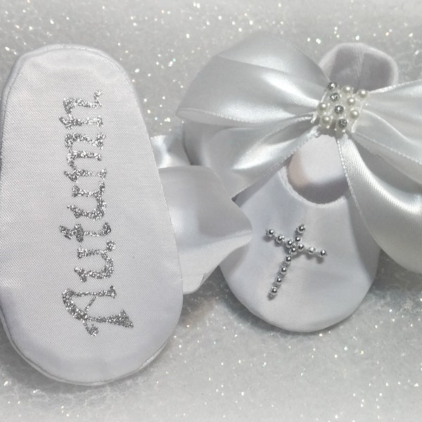 Personalized Soft white baptism bow shoes, Customized cross satin christening shoes, infant baby shoes, blessing outfit white baby slippers