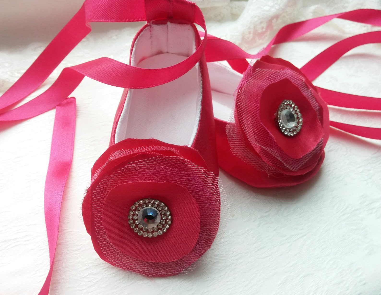 dark pink princess girl slippers, baby ballet flower shoes, satin rhinestone wedding shoes, ballerina baby shower gift, satin ba